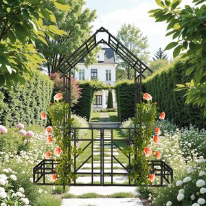 Black Metal Garden <b>Arch</b> with Gate and Planter W80.71*H97.24 Size Climbing Plants Support Outdoor <b>Rose</b> Trellis - Product Image 3