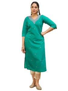 Kurta de Rayón Verde Esmeralda para Mujer con Cuello Bordado, Corte Regular, Largo Midi, Ropa Casual Tradicional India y Pakistaní - Product Image 2