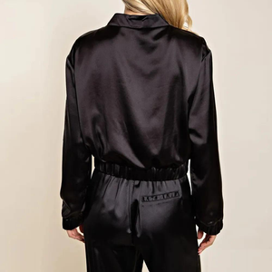 Blouson Bomber en Soie Noire Col Montant Manches Longues Coupe Ample Décontractée Couleur Unie Tissu Fin Unisexe Idéal Printemps - Product Image 2