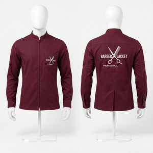 Chaqueta de Barbero para Hombre, 180 GSM, Polialgodón, Color Granate, Manga Corta, Diseño con Bolsillos Utilitarios, Logotipo Personalizado con Bordado e Impresión, Uniforme - Product Image 1