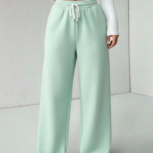 Pantalones de mujer de cintura alta con cordón, acampanados, con bolsillos laterales, cintura elástica, de poliéster/algodón, color liso, control de abdomen, lavados, para verano - Product Image 1