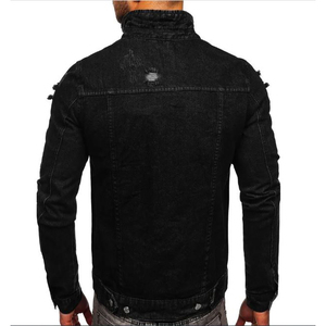 Veste en jean noire déchirée pour homme, coupe slim, couleur unie, boutonnée, décontractée, pour l'automne - Product Image 2
