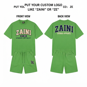 ZAINI Men 100% Polyester French Terry 280 GSM Breathable T Shirt <b>Shorts</b> <b>Set</b> Green Custom Chenille Embroidery Logo Premium - Product Image 1