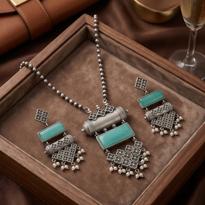 DIVYORO TURQUOISE RECTANGLE <b>STATEMENT</b> OXIDIZED SILVER <b>NECKLACE</b> and EARRING SET for WOMEN ADJUSTABLE LENGTH ANNIVERSARY - Product Image 2