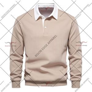 Sweat-shirt polo à manches longues pour homme, col polo blanc contrastant, patte de boutonnage à deux boutons, pull décontracté, coton doux et confortable - Product Image 4