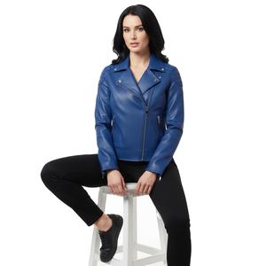Superb Blue Leather Motorbike Jacket Women Custom Bulk Wholesale Factory Price Genuine Biker Style <b>Ladies</b> Fashion <b>Coat</b> OEM - Product Image 1
