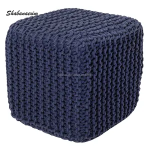PUF de hilo de algodón azul hecho a mano, taburete de ganchillo cuadrado, pufs de punto, silla de sala de estar