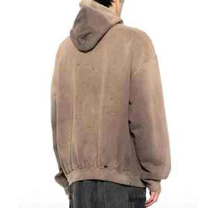 Sweat-shirt à capuche vintage personnalisé pour homme, marron délavé, effet soleil, épais, déchiré, bords bruts, avec poche - Product Image 2