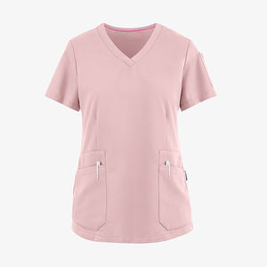 Haut de blouse d'infirmière pour femme, tissé, à manches courtes, col en V, uni, léger, respirant, avec deux poches, de haute qualité, pour usage hospitalier - Product Image 1