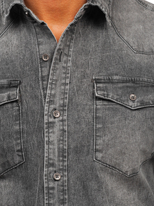 เสื้อเชิ้ตเดนิมลำลองผู้ชาย ผ้าฝ้ายระบายอากาศ แขนยาว ติดกระดุม สไตล์วินเทจ ล้างสี เสื้อเดนิมสำหรับผู้ชาย - Product Image 5
