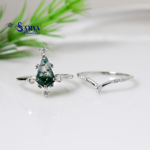 Bague pour femme en argent 925 avec zircone et pierre verte naturelle, design géométrique, plaqué rhodium, style bohème - Product Image 2