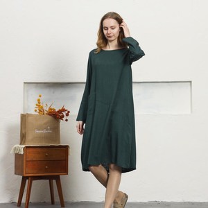 Vestido maxi de lino y algodón verde de lujo, liso, con cuello en V, corte holgado, manga larga, informal, de verano, para mujer. - Product Image 1