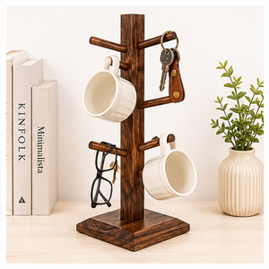 Handmade Rustic Wooden Mug <b>Tree</b> <b>Stand</b> Space-Saving 6-Hook Coffee Cup Rack For Tabletop Display & Home Decor Sustainable Beech - Product Image 4