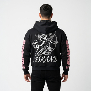 Custom Brand <b>Black</b> Zip-Up <b>Hoodie</b> With Angel Print And Studded Pockets Streetwear Style Unisex Regular Fit Autumn Wear - Product Image 4