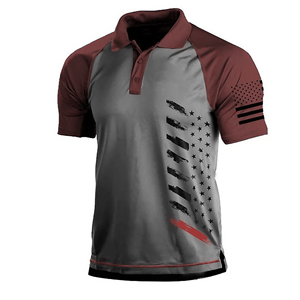 Polo à manches courtes en tricot gris pour homme, à blocs de couleur, à séchage rapide, avec imprimé drapeau américain, style sportif - Product Image 2