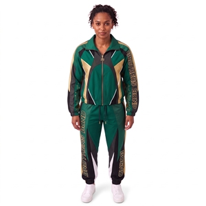 Conjunto deportivo personalizado para mujer en verde esmeralda y azul marino, chaqueta con panel de monograma, pantalones elásticos, 2 piezas, ropa deportiva informal. - Product Image 3