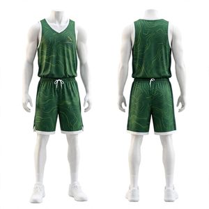 Tenue de basketball pour homme NEXTEX, maillot sans manches et short en polyester avec impression topographique verte, kit de sublimation - Product Image 3