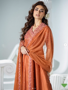 Women's <b>Orange</b> Cotton <b>Saree</b> Embroidered Sleeves Floor-Length Traditional Wedding Wear India Pakistan Style SADIA AUN HUTE - Product Image 2
