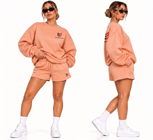 Ensemble de survêtement jaune moutarde pour femme : sweat-shirt à col rond et short de survêtement, coupe oversize, avec logo personnalisé, en molleton, épaules tombantes, idéal pour l'été - Product Image 5