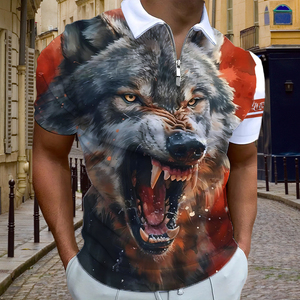 Camiseta Polo con Gráfico de Lobo Rugiente en 3D para Hombre |   Camiseta con Cierre de Cremallera de un Cuarto, Sublimada con Diseño de Animal Enfurecido |   Top artístico de estilo urbano en rojo y gris - Product Image 4