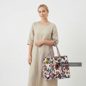 Bolso Tote de Lona Acolchado, Ligero, de Gran Capacidad, Personalizado OEM, con Estampado Floral, Estilo Kantha, con Bolsillo Interior, para Fin de Semana, Verano - Product Image 4