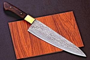Couteau de chef en acier Damas forgé à la main avec manche en bois de rose et embout en laiton, lame pleine longueur, personnalisable, OEM, couteaux de cuisine professionnels - Product Image 3