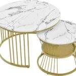 Juego de mesas de centro apilables con acabado de mármol de lujo y estructura de metal dorado | - Product Image 4