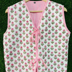 Chaleco de algodón con bordado floral a mano para mujer, cuello en V, sin mangas, informal, con forro interior a rayas - Product Image 2