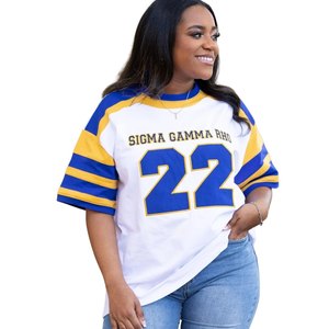 T-shirt de hockey Sigma Gamma Rho pour femme, maillot 22, bleu et or, style décontracté et sportif, surdimensionné, pour sororité grecque - Product Image 3