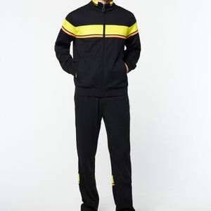 Survêtement noir pour homme avec fermeture éclair intégrale, bandes jaunes fluo, col montant, poches latérales, respirant, coupe classique, idéal pour l'automne - Product Image 1