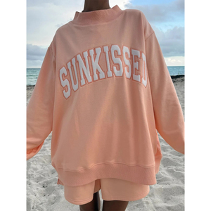 Nouveau Sweat-shirt Oversize Personnalisable à Col Montant pour Femme, Imprimé Lettres, Motif Sunkissed, Style Décontracté Plage et Voyage, avec Capuche - Product Image 1