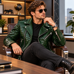 Mens Green for Embossed Leather Biker <b>Jacket</b> | Premium Breathable Motorcycle <b>Jacket</b> <b>with</b> <b>Zipper</b> <b>Pockets</b> Vintage Design - Product Image 6