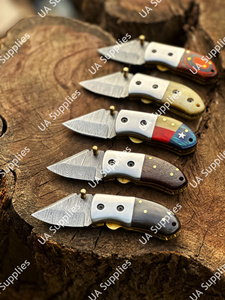 Cuchillo de Camping Plegable Profesional de Acero de Damasco, Hoja Afilada Tipo Drop Point, Miniatura de Bolsillo, Mango de Cuerno de Toro, Funda de Cuero - Product Image 6