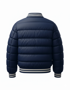 New Design Men’s <b>Blue</b> Varsity Style Puffer Jacket Winter Quilted Snap Button Bomber Coat Ribbed Collar Streetwear Outerwear - Product Image 3