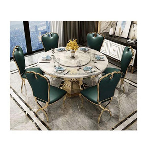 ชุดรับประทานอาหารพรีเมี่ยมมีสไตล์พร้อมโต๊ะหินอ่อนทรงกลมขาเหล็กที่ทันสมัยและเก้าอี้หนังเพิ่มความพรีเมียมให้กับทุกบ้าน - Product Image 2