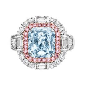 Masterpiece <b>cocktail</b> <b>ring</b> in 18K white <b>gold</b> with cushion cut fancy blue diamond halo of pink diamonds round and baguette diamond - Product Image 1