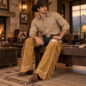 Chaps en cuir classiques de style western avec longues franges |   Chaps d'équitation en daim de qualité supérieure pour l'entraînement, la compétition et le ranch - Product Image 3