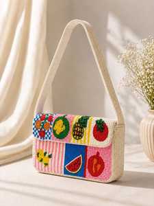 Sac à bandoulière artisanal perlé style bohème, motif fruits et légumes, écologique, léger, pour usage quotidien, coloré, sac d'été - Product Image 2