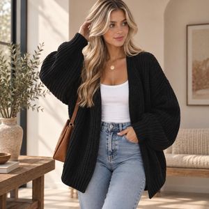 Cardigan ample à col ouvert en maille épaisse et confortable, pull décontracté à manches longues pour femme, idéal pour l'automne et l'hiver - Product Image 3