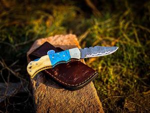 Cuchillo plegable de acero damasco y cobre, eficaz para supervivencia al aire libre, cuchillo de bolsillo para camping con funda de cuero para caza, envío directo. - Product Image 3