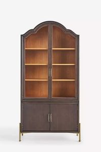 Premium Arched Teak <b>Wood</b> Bookshelf Glass Door Display Hutch Cabinet - Product Image 2