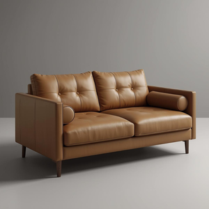 Sofá de Dos Plazas de Cuero Estilo Moderno de Mediados de Siglo con Tapicería de Cuero Vacuno de Primera Calidad y Cojín Decorativo para Espacios Hogareños Elegantes - Product Image 1