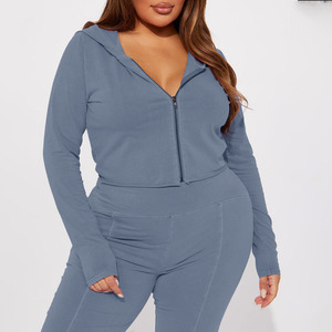 High Quality Women's Blue 2-Piece Knitted Set Long Sleeve Zipper <b>Top</b> Flare Pants Sexy Outfit Solid Color Washed Tracksuit Sets - Product Image 4