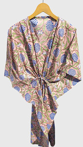 Women's Pink Satin <b>Kimono</b> Robe Floral Print V Neck Half Sleeve Long Soft <b>Vintage</b> Cover Up - Product Image 2