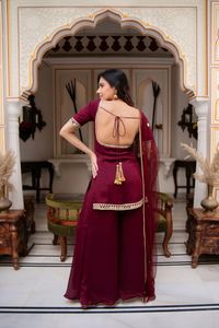 Conjunto de diseñador con top de georgette sintético con detalles de espejo y pantalones palazzo de georgette sintético y dupatta, completamente cosido y listo para usar. - Product Image 4
