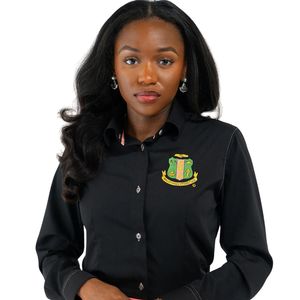 Camisa Oxford de Chenilla Premium para Mujer, Color Negro, Manga Larga, Bordada, con Botones, Estilo Casual y de Negocios - Product Image 2