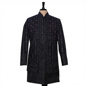 ชุดเชอร์วานีกำมะหยี่สีดำพรีเมียมสำหรับผู้ชาย สไตล์อินโดเวสเทิร์น เหมาะสำหรับงานแต่งงานสุดหรู พร้อมงานปักประณีตและประดับเลื่อม สำหรับโอกาสพิเศษ - Product Image 1