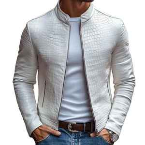 Chaqueta Bomber de Cuero con Estampado de Piel de Serpiente Blanca para Hombre, Cuello Alto, Cierre de Cremallera, Corte Ajustado, Estilo Motero, para Otoño - Product Image 1