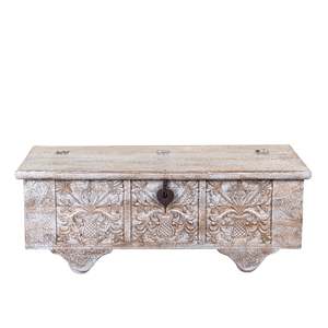 Heritage Vintage Design Solid Mango Wood Box Style <b>Storage</b> <b>Square</b> Shape Crackle White finish Home Villa Living Room <b>Coffee</b> <b>Table</b> - Product Image 2