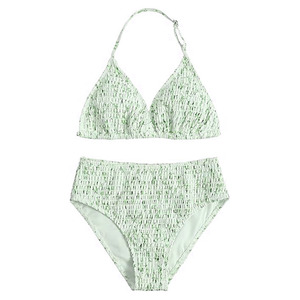 Womens Two Piece <b>Bikini</b> Set Halter <b>Top</b> High Waist Bottoms Digital Print Ruched Stretch Swimwear Patterned Purple <b>White</b> Bathing - Product Image 4